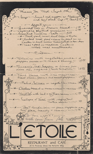 One-page dinner menu for L'Etoile Restaurant and Café, with a handwritten menu listing and illustrations of encircled five-point interlaced stars, birds, butterflies, vines, and the state capitol dome.