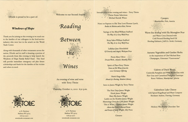 Exterior and interior of the second annual Reading Between the Wines dinner at L'Etoile Restaurant, with the starburst restaurant logo, also used as background images.
