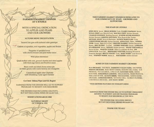 Front and back of a menu for a farmers' market dinner at L'Etoile Restaurant, featuring apples and pears and other products from local growers, with a border illustration of leaves, vines, acorns, and apples.