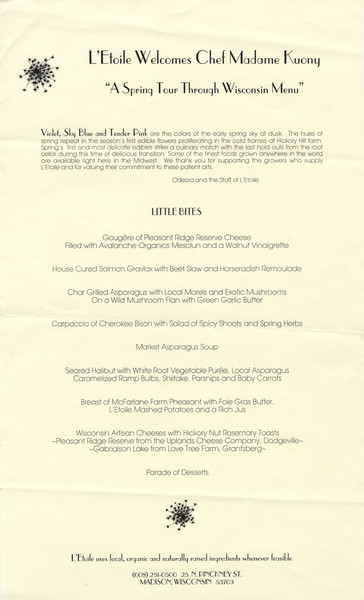 One-page menu for a dinner honoring chef Madame Liane Kuony, proprietor of Postillion restaurant in Fond du Lac, and influential teacher and proponent of classical French cooking in Wisconsin, with the starburst restaurant logo.
