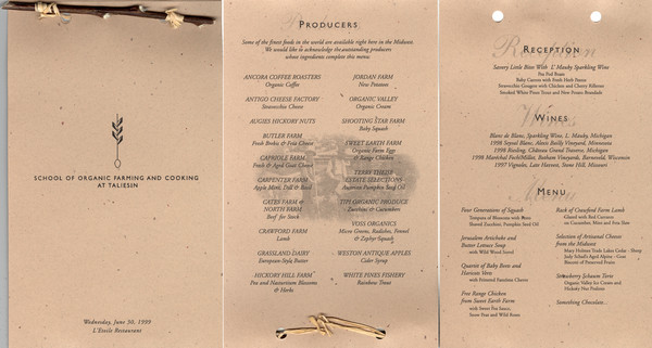 Menu for a reception at L'Etoile Restaurant for the School of Organic Farming and Cooking at Taliesin, with the school logo and a background photograph of two farmers.