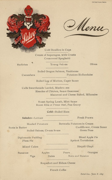 One-page card menu, possibly from the restaurant in the Hotel Pfister. At the top left is an embossed crest with the Latin greeting "Salve" ("Welcome") surrounded by acanthus leaves, printed in red and brown inks.