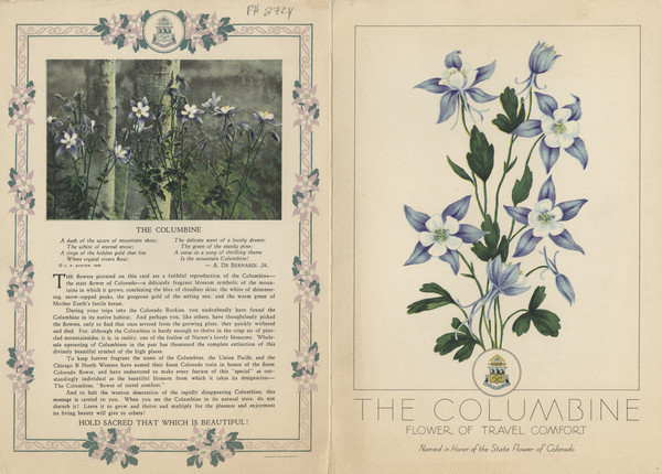Exterior of the dinner menu for The Columbine, a Union Pacific passenger train that traveled between Chicago and Denver, with columbine flowers and the seal of the State of Colorado on the front cover, and columbines growing in the wild and as part of the border with the state seal on the back cover.