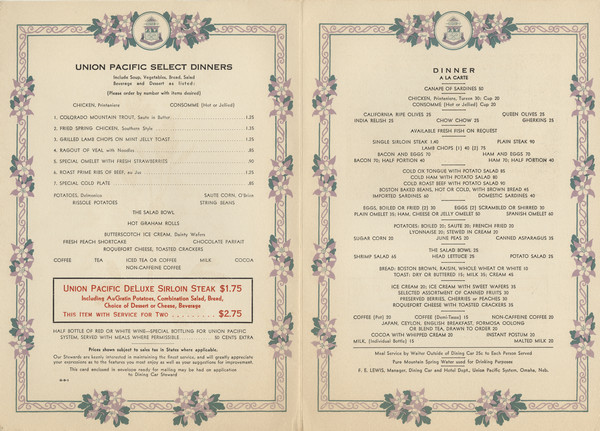 Interior of the dinner menu for The Columbine, a Union Pacific passenger train that traveled between Chicago and Denver, with columbine flower borders and the seal of the State of Colorado.