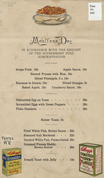 Meatless Day breakfast advertising menu, with a bowl of cereal and a spoon at the top and packages of Krumbles and Toasted Corn Flakes, Kellogg's pre-packaged breakfast cereals, in the bottom corners. Various types of fish and eggs are offered, but no meat.