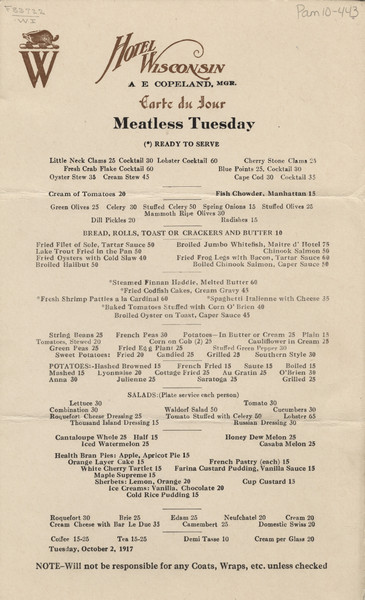 Carte du jour Meatless Tuesday menu from the Hotel Wisconsin, with the hotel's logo, a badger standing over the letter "W."