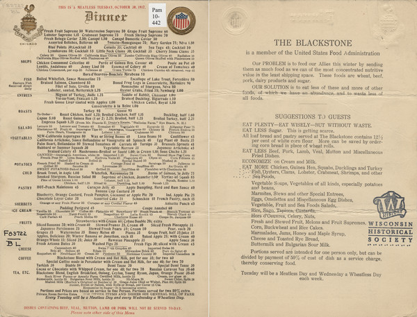 Two-sided dinner card menu from the Blackstone Hotel for Meatless Tuesday ("Dishes containing beef, veal, mutton, lamb or pork will not be served to-day."), with the hotel seal of a rooster over a crest in one top corner, and the seal of the United States Food Administration, a stars and stripes shield in a gold roundel embossed with stalks of wheat, in the other top corner.