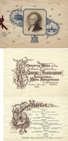 Front cover and first two pages of the souvenir menu for the centennial of George Washington's inauguration at the Hotel Marlborough. The cover features a portrait of Washington flanked by a three-quarter view of Old City Hall, Wall Street, New York, in 1789, and the Capitol, Washington, D.C., in 1889, and a crest with the motto, "exitus acta probat" (the end justifies the means). The interior pages feature illustrations of Washington's sword, staff, camp goblet, camp chest and plates, bible, watch, and pistol, with leaf and scroll ornamentation.