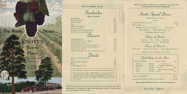 Front cover and menu pages from Knott's Berry Place, with multi-colored boysenberries suspended over rows of plants in the fields, and parked cars lined up alongside the berry farm entrance, an adobe-style building with a red tile roof. Two large trees stand near the entry way.