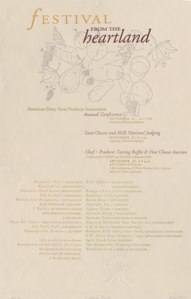 Letterpress menu poster for the American Dairy Goat Products Association Festival from the Heartland annual conference, goat cheese and milk judging, and chef/producer tasting buffet and fine cheese auction, with an illustration of fall leaves, fruits and vegetables, cheeses, and a glass of wine. Text is printed in green, gold, and burgundy inks. A blind-stamp of the seal of the American Dairy Goat Products Association appears near the bottom.