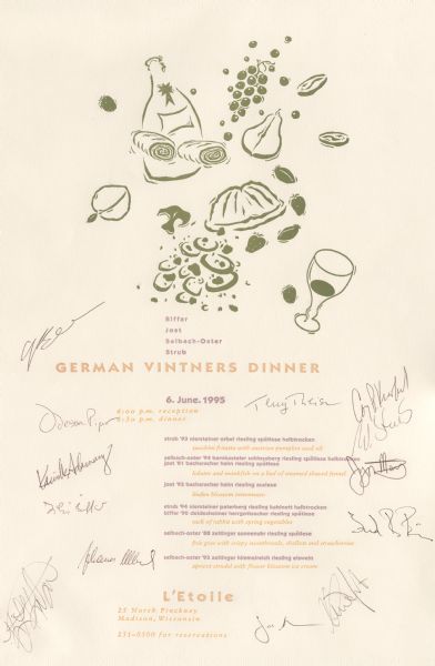 Letterpress poster for a German vintners dinner, with illustrations printed in green ink of a wine bottle, a wine glass, and fruit. Text is printed in gold and light burgundy. Wine and food pairings are listed for each course. Restaurant staff have autographed the poster.