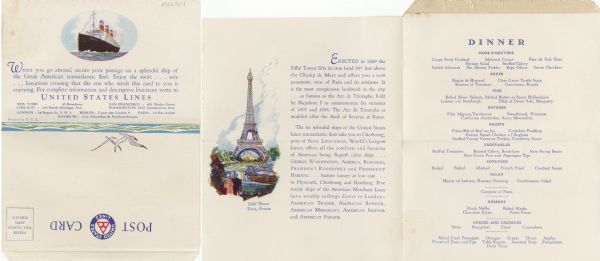 Menu from the United States Lines with an illustration of the Eiffel Tower and an oval portrait of the SS <i>Leviathan</i>, "World's Largest Liner, [which] offers all the comforts and luxuries of American living." The menu was meant to be folded into a post card and mailed to friends and relatives back home.