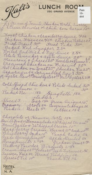 One-page menu from Kalt's Lunch Room at 230 Grand Avenue, with a handwritten menu mimeographed onto paper printed with the restaurant's name in distinctive script. Potato pancakes with apple sauce, Bavarian cabbage, and apple strudel attest to the German origins of the restaurant.