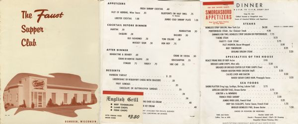 Menu for the Faust Supper Club, with a tinted three-quarter view photograph of the restaurant exterior within an abstract lozenge shape.