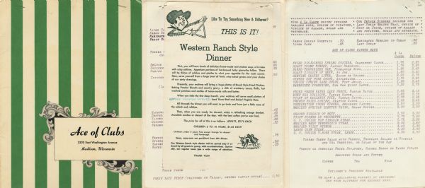 Menu with a green and cream striped front cover. On the insert for the Western Ranch Style Dinner is an illustration of a man in a cowboy hat, kerchief, and checked shirt ringing a triangle, as well as a spot illustration of a man on horseback, riding alongside a steer.