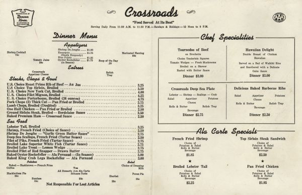 Dinner menu from the Crossroads, with meat, seafood, and "chef specialties," including "Hawaiian Delight, Double Breast of Chicken Hawaiian on a Bed of Waikiki Rice and Smothered with a Delicate Oahu Sauce." The Duncan Hines and AAA seals of approval are positioned in the upper corners.