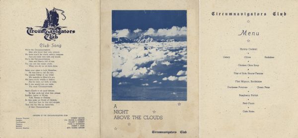 "A Night Above the Clouds" dinner menu, with a tipped-in infra-red photograph of the peaks around Mt. Everest on cream stock embedded with silver flecks. On the back cover is an image of a sailing ship above the club song.