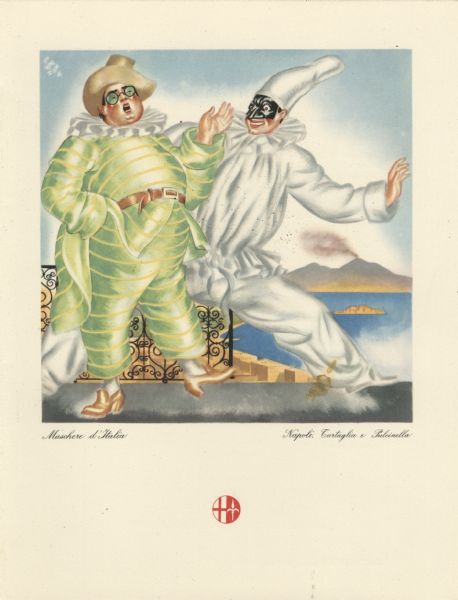 Front cover of a farewell dinner menu from the Italian Line ship <i>Saturnia</i>, with two Commedia dell' Arte characters: Tartaglia, a rotund figure who wears a green and yellow striped suit, green-tinted eyeglasses and golden hat and shoes, and Pulcinella, in loose white top and trousers, white cap, and a black mask. Tartaglia is speaking and gesturing, while Pulcinella poses behind him, smiling. The caption beneath the image reads, "Maschere d'Italia" and "Napoli. Tartaglia e Pulcinella."