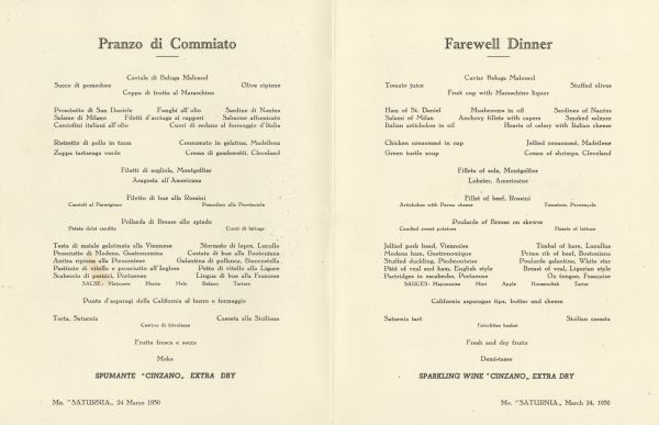 Interior of the farewell dinner menu for the Italian Line ship Mv. <i>Saturnia</i>, with menu in Italian and English.