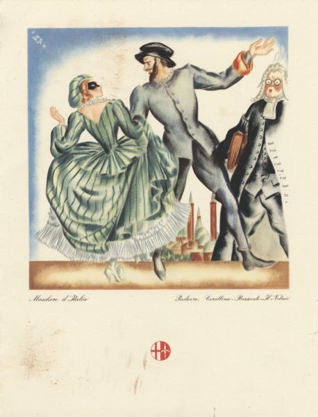 Front cover of a farewell dinner menu from the Italian Line ship <i>Saturnia</i>, with three Commedia dell' Arte characters: Corallina, who wears a black mask and green striped cap and gown and a ruffled collar; Ruzzante, who wears a grey hat and suit with ruffled collar; and Il Notaio, who wears a powdered wig and official's robes. The Basilica of Saint Anthony of Padua is seen in the background. The caption beneath the image reads, "Maschere d'Italia" and "Padova. Corallina-Ruzzante-Il Notaio."