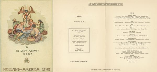 Dinner menu from the Holland-America Line ship R.M.S. <i>Nieuw Amsterdam</i>, with an illustration of "A Repast About 100 B.C.," with men and a woman gathered around a round stone table set with a roast. Two diners have horned helmets; others wield knives, drink from a horn, feast on a meaty leg, or pour liquid from an urn.