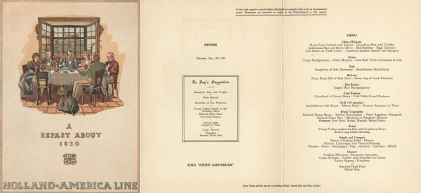 Dinner menu from the Holland-America Line ship R.M.S. <i>Nieuw Amsterdam</i>, with "A Repast About 1830," with men, women, and a child gathered around a table in front of a window, enjoying food and drinks.