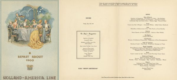 Dinner menu from the Holland-America Line ship R.M.S. <i>Nieuw Amsterdam</i>, with "A Repast About 1900," with men in tuxedos and women in long gowns sitting around a table. A waiter is approaching the group with a platter of food.
