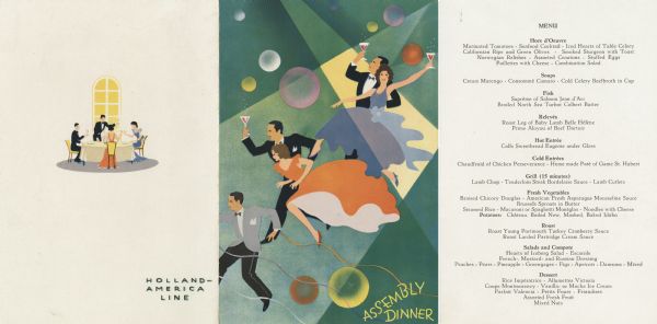Assembly Dinner menu from the Holland-America Line R.M.S. <i>Nieuw Amsterdam</i>, with revelers in dress suits and party frocks walking and holding drinks amidst a geometrically patterned background filled with colored bubbles. Two couples at a table are drinking a toast in a spot illustration on the back cover.