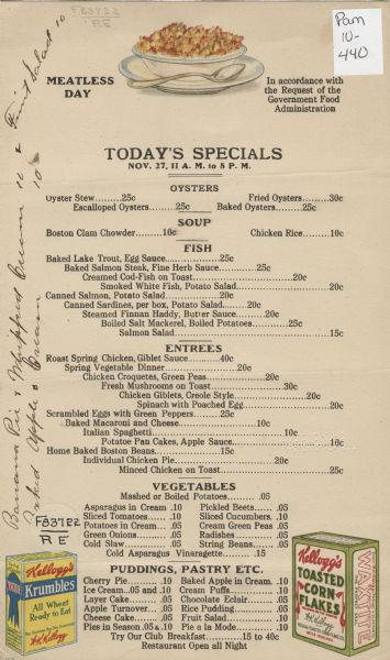 Meatless Day advertising menu with a bowl of cereal and packages of Kellogg's Krumbles and Toasted Corn Flakes, and a list of specials served from 11 a.m. to 8 p.m. Additional desserts are handwritten along the left-hand side of the menu. Various types of seafood, fish, and chicken are served, but no beef or pork.