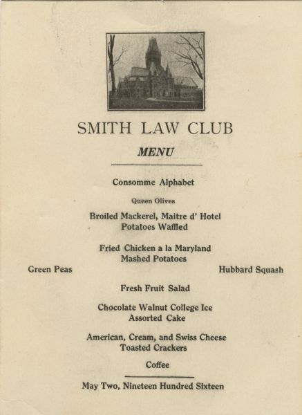 Card menu from Smith Law Club at Harvard University, with a three-quarter duotone view of a law school building.