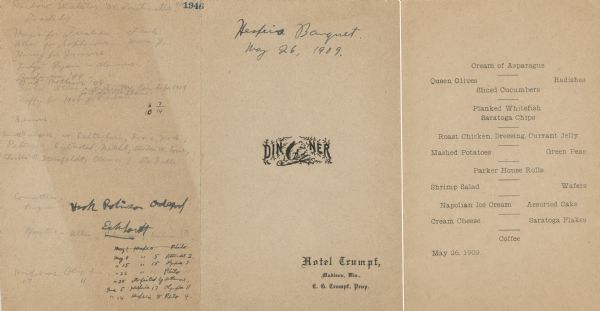 Card menu from a banquet given by Hesperia, a college literary society at the University of Wisconsin-Madison, with the word "Dinner" and a squirrel perched on a log eating a nut. Notes on the back include mentions of rival literary societies Philomathia, Athenae, and Olympia.