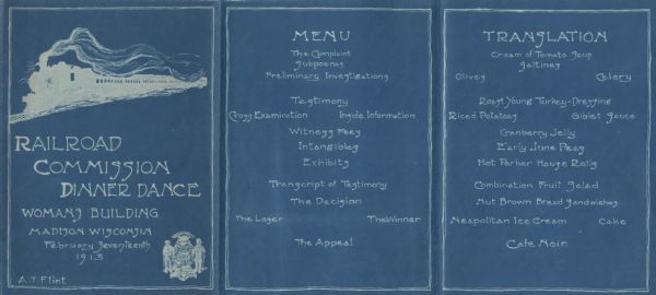 Cyanotype menu for a Railroad Commission Dinner Dance, with a train steaming down the tracks, the seal of the state of Wisconsin, and two presentations of the menu: one as elements in a legal case, and the other as corresponding menu items.