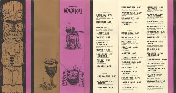 Front cover and selected drink pages from the Kona Kai Lounge, a Polynesian-themed bar and restaurant in the Marriott Hotel, with a carved figure used as a drink container, mixed drinks, tableware, and garnishes of tropical flowers.
