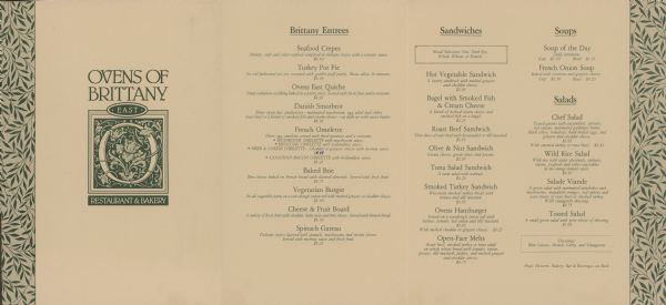 Front cover and inside menu pages of the Ovens of Brittany Restaurant and Bakery at 1718 Fordem Avenue, with an ornamental letter "O" with a flower and interlacing leaves and vines.