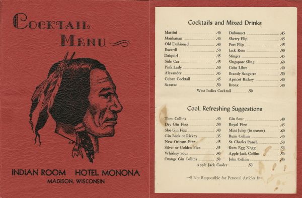 Front cover and first page of cocktail menu from the Indian Room, Hotel Monona. The cover features a profile illustration of the head of an American Indian man with a braid and a two-feather ornament in his hair. The initials "R.B." are printed near the bottom.