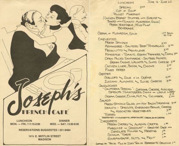 Two-sided one-page menu for Joseph's French Café, with a line drawing of a couple seated at a dinner table after an illustration by Henri de Toulouse-Lautrec: the woman turns to kiss a man whom she has her arm around; another man seated next to her looks in another direction.
