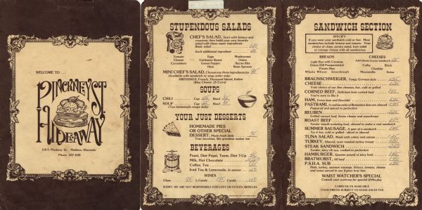 Lunch menu from the Pinckney Street Hide-away. Features an illustration of a stacked sandwich within decorative borders on the front cover, and on the inside, text with spot illustrations and decorative frames. Printed in dark brown ink on cream cardstock.