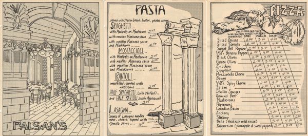Front cover and pasta and pizza pages from Paisan's, an Italian restaurant. Features illustrations (signed "Christensen") of an archway and tables and chairs in the restaurant interior, ruins of classical columns, and vegetables.