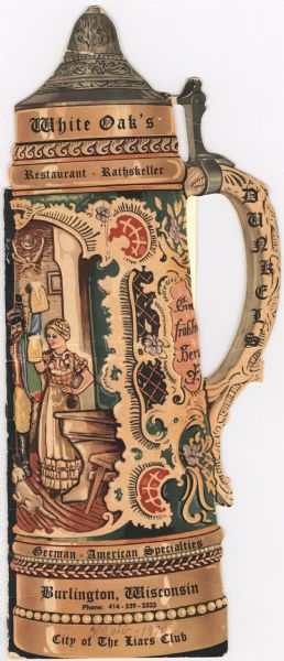 Front cover of die cut menu from White Oak's Restaurant = Rathskeller in the shape of a decorated beer stein. On the stein is a man and a woman holding aloft overflowing beer steins, with a dog sitting at their feet. "Dunkels" is printed on the beer stein handle.