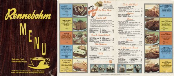 Front cover and interior pages of menu from Rennebohm's. The front cover features a wood-grain background with a silhouette of a cup of coffee. Interior pages feature color photographs of sandwiches, steaks, ice cream desserts, and other menu items. Bucky Badger, the University of Wisconsin mascot, holds aloft a platter with a Big Bucky burger and fries.
