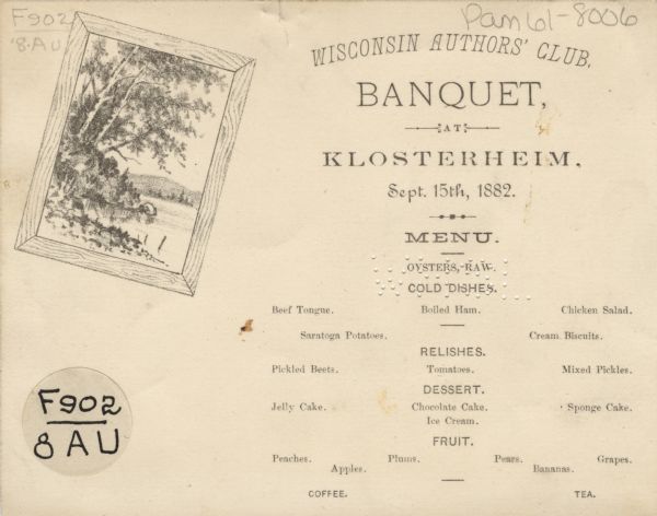 Card menu for the Wisconsin Authors' Club Banquet at Klosterheim. On the top left is a framed landscape of trees overlooking a body of water.