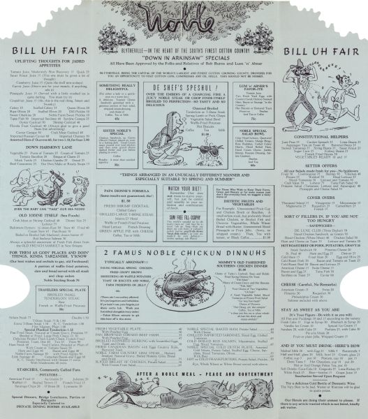 Interior of the Hotel Noble menu, with spot illustrations: a chicken on a platter; a man reclines with his hat over his face, a snoozing chicken on his chest, and pigs at his feet; a baby punches a lobster while a clam and a fish watch; a woman smokes a corn cob pipe and fries a steak over an open fire; and a couple: the man flexes his arm muscles while the woman drops her rolling pin and runs away. 