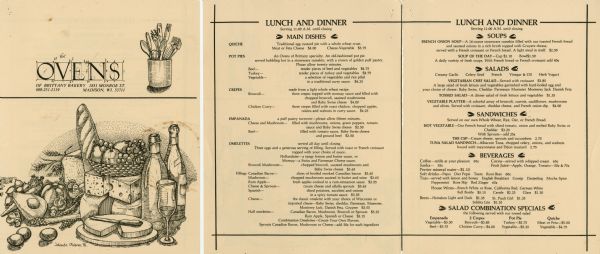 Front cover and interior of menu for the Ovens of Brittany bakery and restaurant on Monroe Street. Features illustrations of a jar of utensils, bread, cheese, vegetables, and bottles of wine, with "Jolanda Volenec '81" printed near the bottom. The geometric proportions of the letters in "Ovens" are highlighted in square frames.
