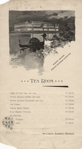 One-page tea room menu from the Woman's Building at the World's Columbian Exposition. At the top is an illustration of a gondolier steering a couple in a covered gondola past the Woman's Building, which is lit up from inside.
