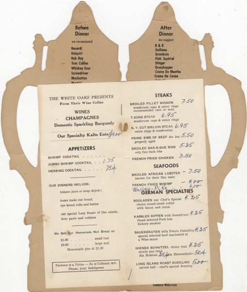 Interior of the White Oak's Restaurant = Rathskeller menu, with a sheet listing German specialties, as well as appetizers, steaks, and seafood.