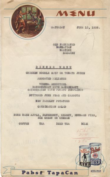 One-page dinner menu for the Steuben Hof, a German American restaurant, on a form menu with a roundel illustration of three men raising their tankards in a toast at a table near a window and typewritten menu items, including Vienna schnitzel, bauernwurst with sauerkraut, and sauerbraten with potato dumplings. Two cans advertise "Pabst TapaCan" beer at the bottom.