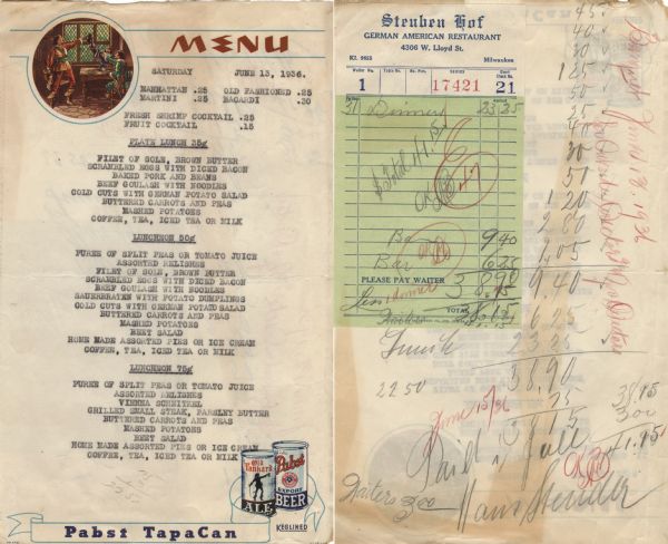 Front and back sides of a one-page typewritten form menu for the Steuben Hof, a German American restaurant, with a roundel illustration of three men raising their tankards in a toast at a table near a window. Two cans of "keglined" Pabst "TapaCan" beer are advertised at the bottom. Three lunch options (35, 50, and 75 cents) are offered. A handwritten accounting and a dinner check fill the back.
