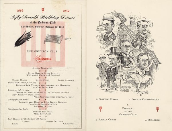 Front cover and illustration from insert for the inauguration of club president Lewis Wood, with numbered illustrated phases of his career, and a banner reading, "The Evolution of a President," by cartoonist Clifford Berryman. 