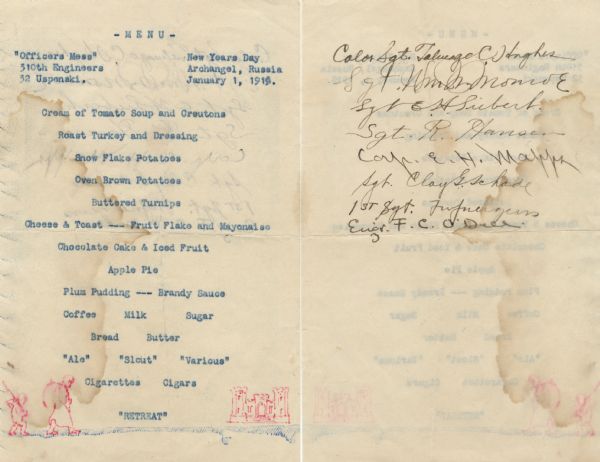 Front and back sides of a one-page menu in the "Officers Mess" with an illustration of two soldiers in profile marching along a road towards a castle on the right. Eight officers have autographed the back of the menu.