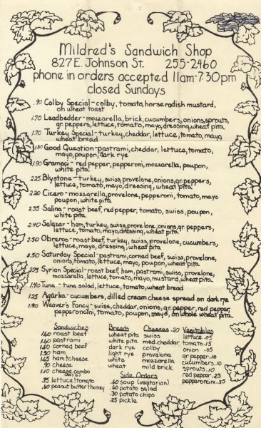 One-page menu from Mildred's Sandwich Shop, with hand-lettered menu text and a border of vines and leaves.